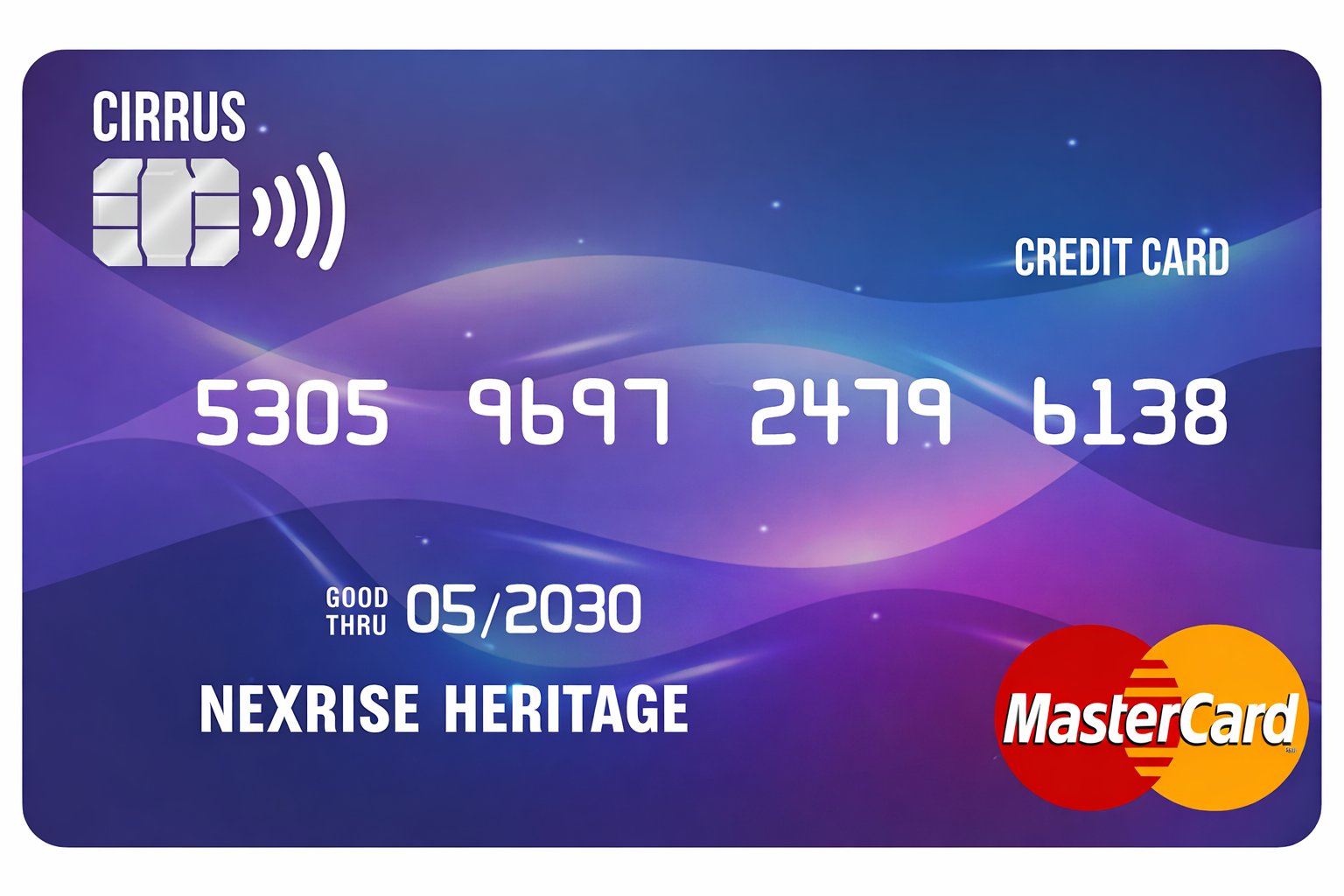 Stack of credit cards, with a card displaying an alarm icon, coins and a shield.